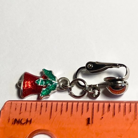 Vintage Christmas Bells Holly Clip On Earrings Red Green Enamel Silver Tone - Picture 8 of 8